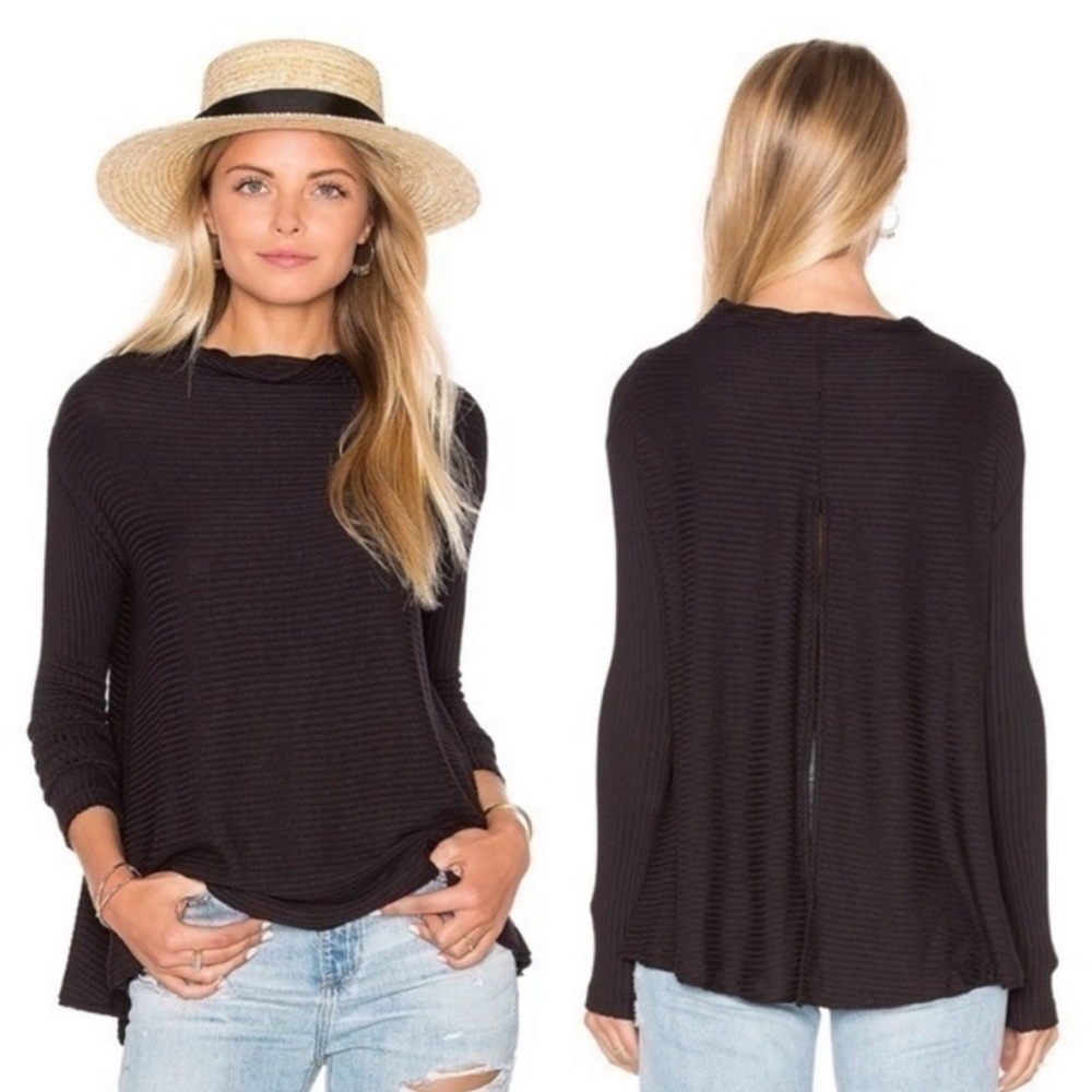Free People We The Free Lover Rib Split Black Long Sleeve Top Medium